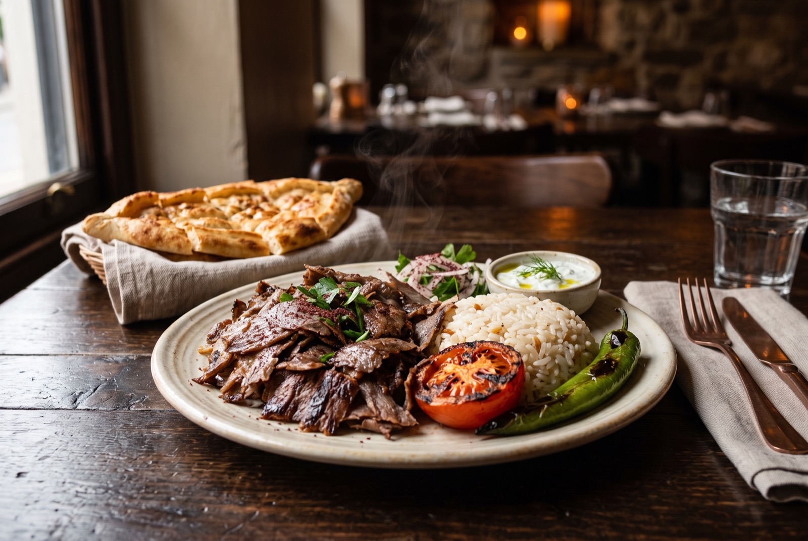 Assiette de döner avec riz, tomate grillée et pain, servie sur une vraie assiette