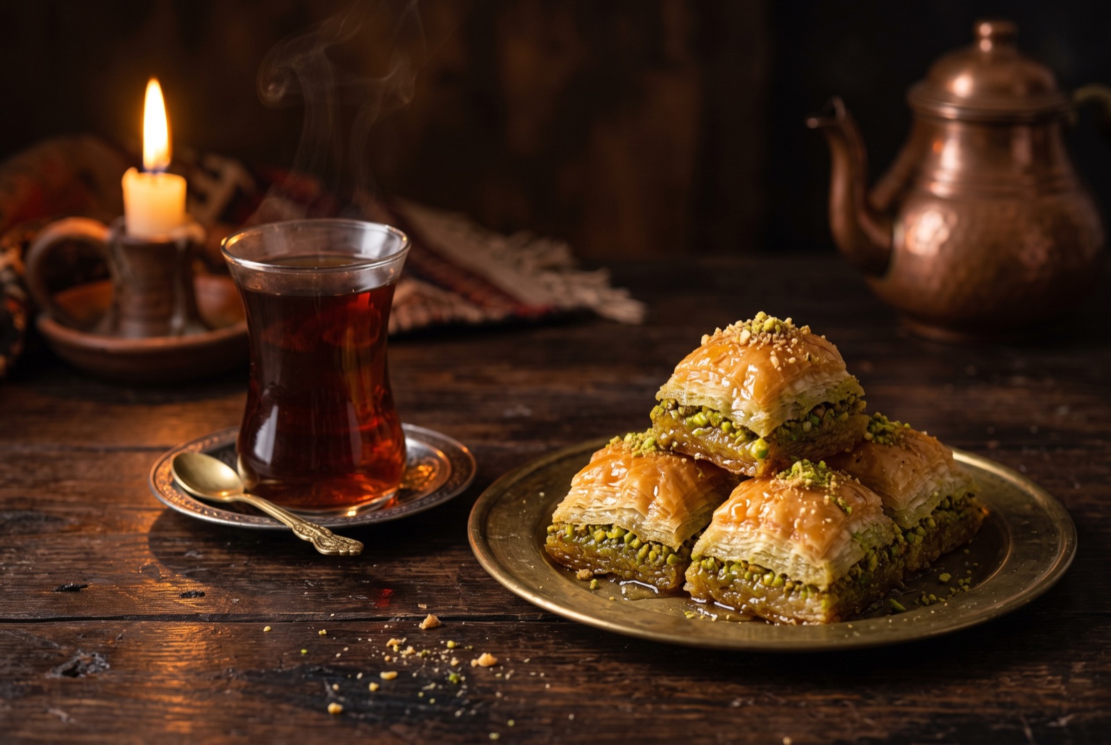 Parts de baklava aux pistaches accompagnées d'un thé turc